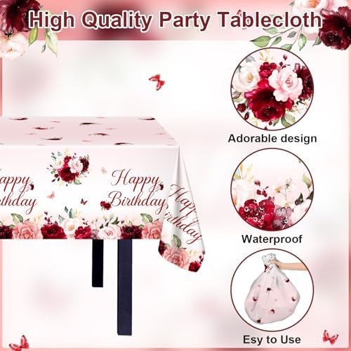 Burgundy Birthday Party Decorations 169 Pcs Plates Napkins Cups Tablecloth