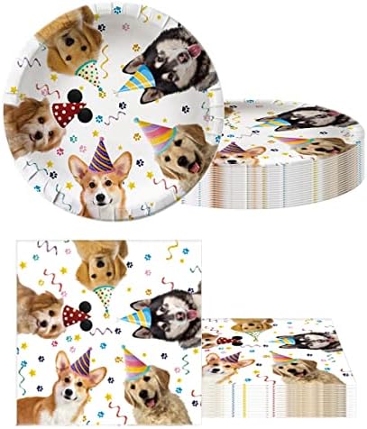 OULUN Dog Party Tableware Set 20 Plates 20 Napkins Tablecloth 71x425 Dog Birthday Decorate Supplies