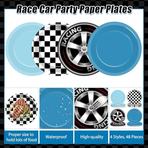 48Pcs Race Car Birthday Plates 7 Inch Black White Fast Plates