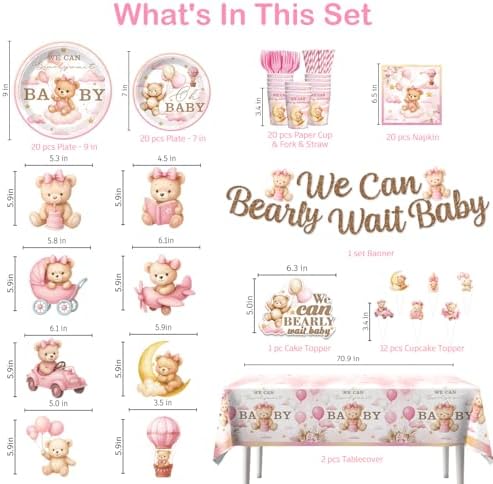 152 PCS Pink Bear Baby Shower Decorations Tableware Set for 20 Guests
