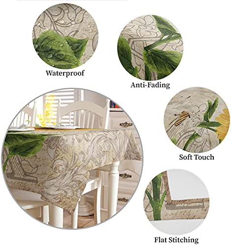 Rectangle Tablecloth Waterproof Stainproof with Retro Sunflower and Bees Design