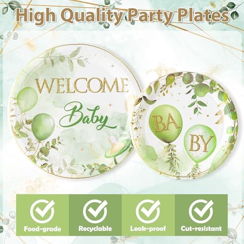 Welcome Baby Greenery Party Plates for 24 Guests