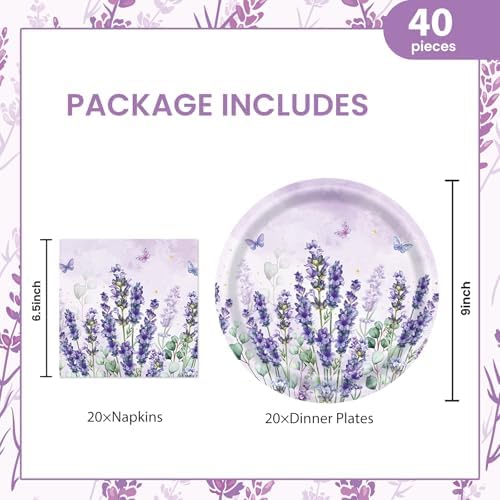 40PCS Purple Lavender Paper Plates and Napkins