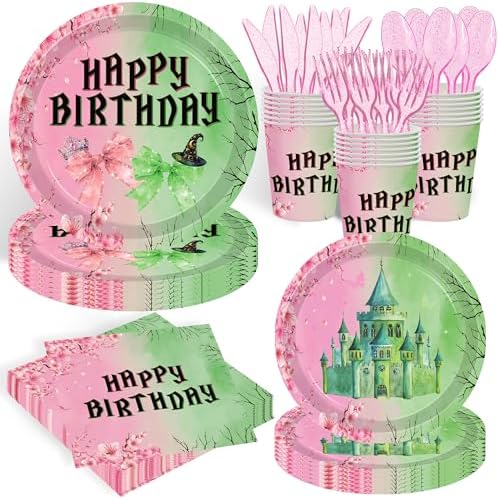 140pcs Pink Green Witch Party Tableware Set