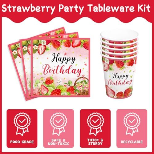 188pcs Strawberry Party Supplies Plates Napkins Tablecloth Banner Balloons for Kids Birthday Celebration
