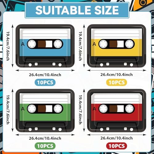 40PCS Retro Cassette Tape Paper Plates for 70s 80s 90s Parties