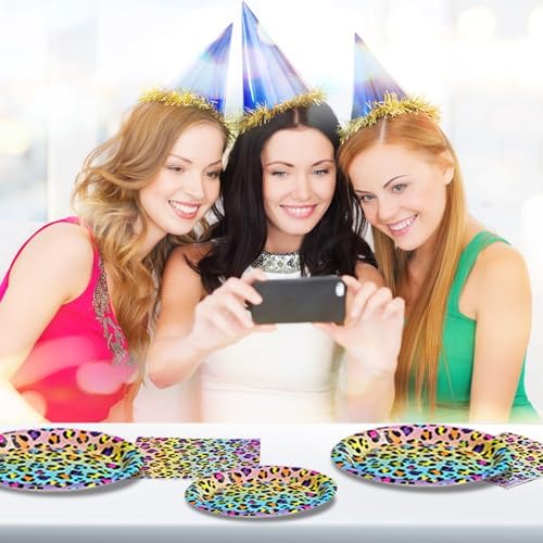 96 Pcs Rainbow Leopard Party Supplies Set for 24 Guests