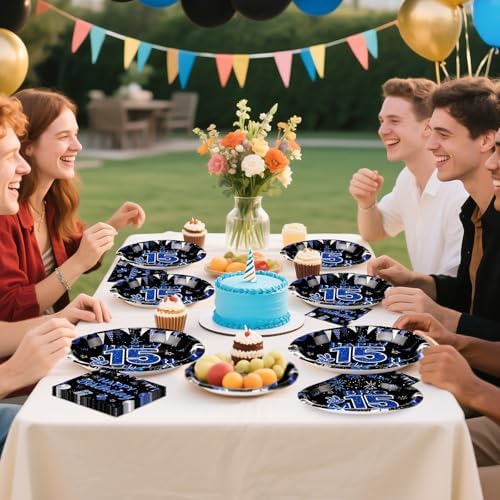 Grencian 96Pcs 15th Birthday Plates for Boys Blue Black Party Set