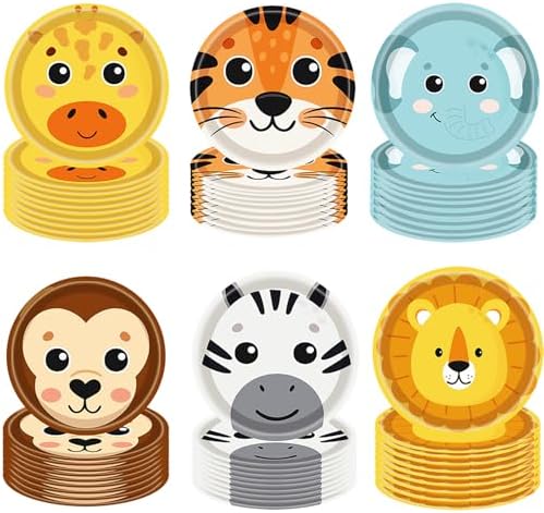 60Pcs Jungle Safari Animal Shaped Paper Plates