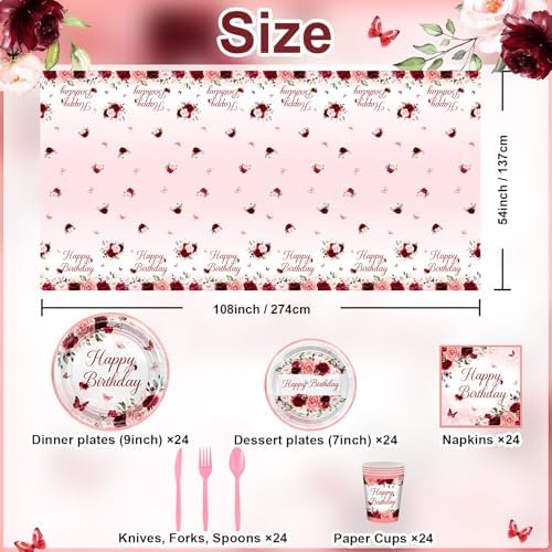 Burgundy Birthday Party Decorations 169 Pcs Plates Napkins Cups Tablecloth