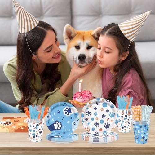 168Pcs Blue Orange Paw Party Plates Napkins Cups Tableware for 24 Guests