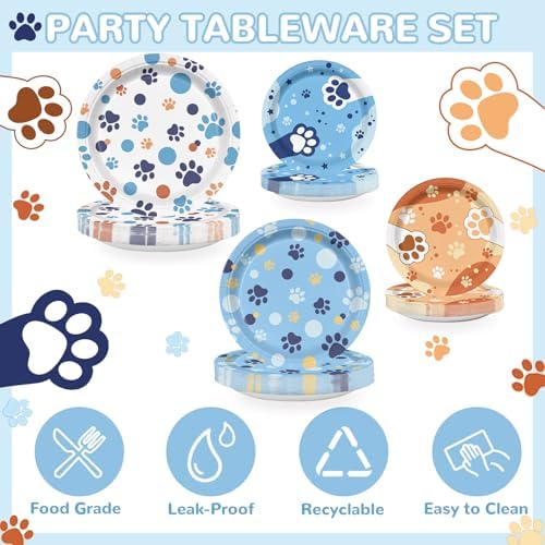 168Pcs Blue Orange Paw Party Plates Napkins Cups Tableware for 24 Guests