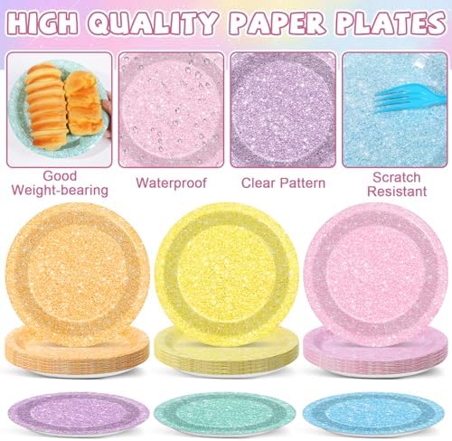 CHUNNIN 96Pcs Pastel Rainbow Party Plates Set