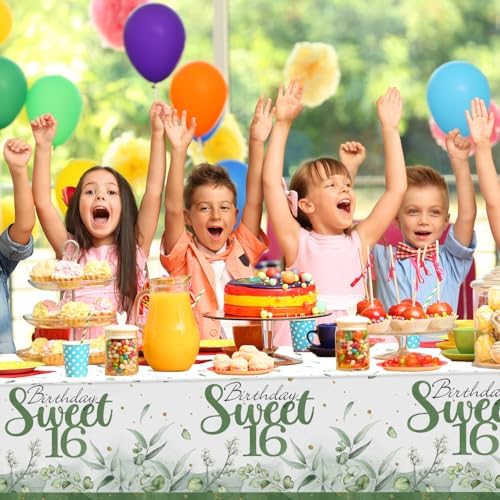 PATIAI Sweet 16 Tablecloths 3 Pack Sage Green Rectangle 16th Birthday Decor