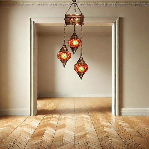 LaModaHome Authentic Tiffany Chandelier - Turkish Sultan Mosaic Lamp with 3 Globes for Living Room and Bedroom