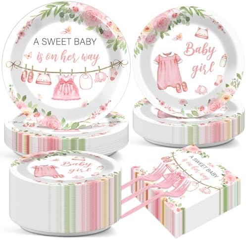 200Pcs Pink Floral Baby Shower Plates Napkins Set