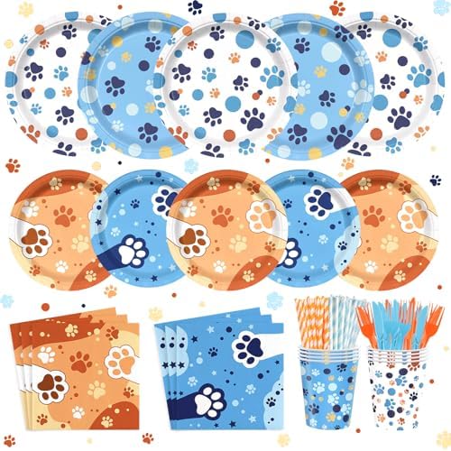 168Pcs Blue Orange Paw Party Plates Napkins Cups Tableware for 24 Guests