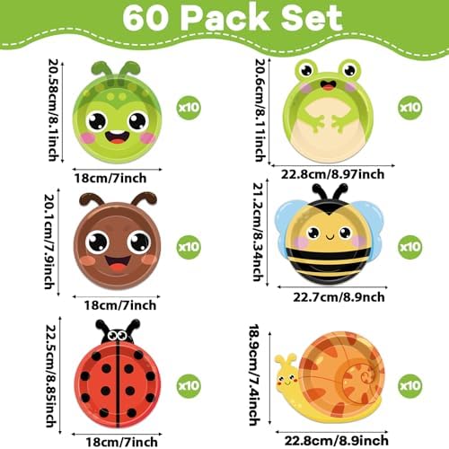 60 Pcs Insect Themed Paper Plates for Kids Birthday Party