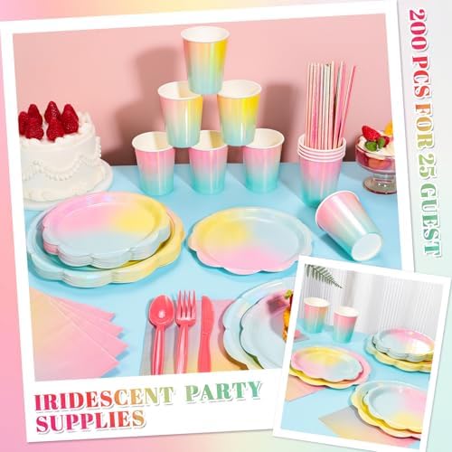 200 Pcs Iridescent Pastel Party Tableware Decorations for Girls Birthday