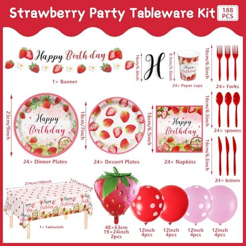 188pcs Strawberry Party Supplies Plates Napkins Tablecloth Banner Balloons for Kids Birthday Celebration