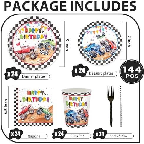 Monster Truck Party Tableware Set 144 Pcs for 24 Guests