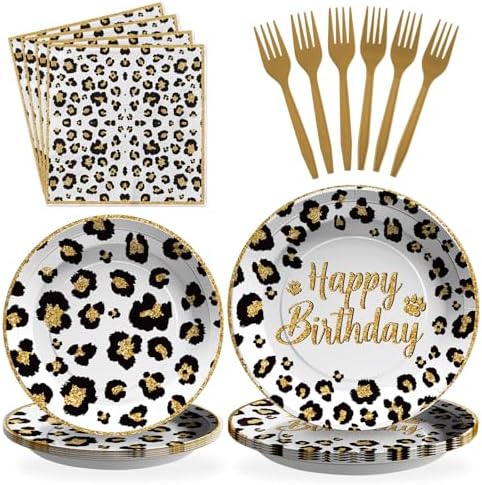 Grencian 96 Pcs Cheetah Print Party Plates Napkins Forks Serving 24