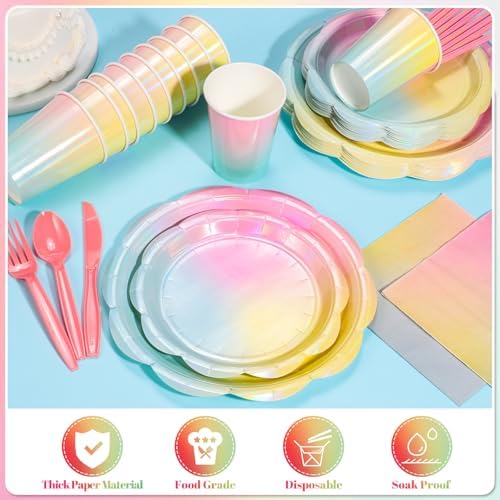 200 Pcs Iridescent Pastel Party Tableware Decorations for Girls Birthday