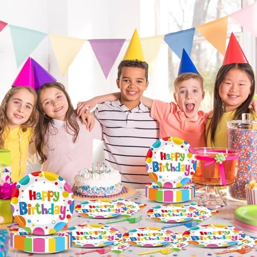 200Pcs Rainbow Birthday Plates Tableware Set for 50 Guests