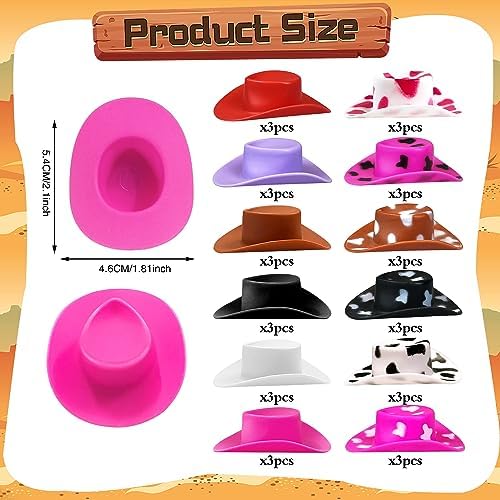 36PCS Plastic Mini Western Cowboy Cowgirl Hats for Party Accessories and Doll Dress Up