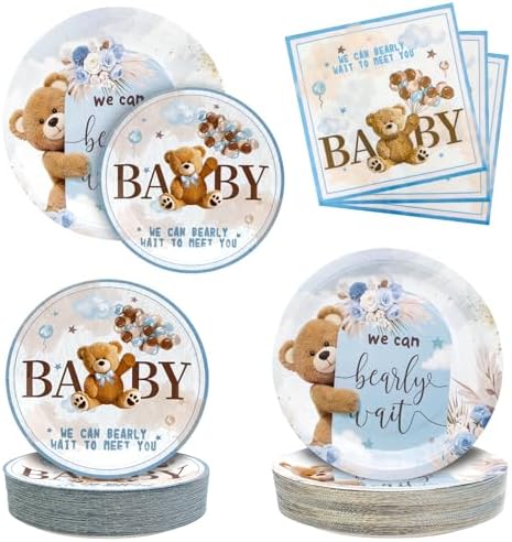 180PCS Bear Baby Shower Decor Plates Napkins Set