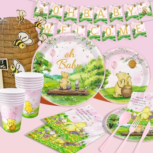 Winnie Bear Baby Shower 178pcs Pink Party Supplies Set for 25 Guests