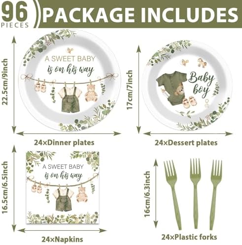 Sage Green Baby Shower Plates Napkins Tableware Set 24 Guests