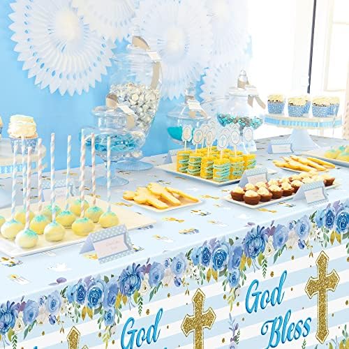 3 Packs Blue Baby Boy Baptism Tablecloths with Cross and Flowers