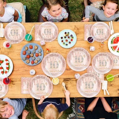 50Pcs Rose Gold 10th Birthday Plates and Napkins for 25 Guests