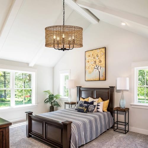Hand Woven Rattan Chandelier 5 Lights Vintage Farmhouse Style