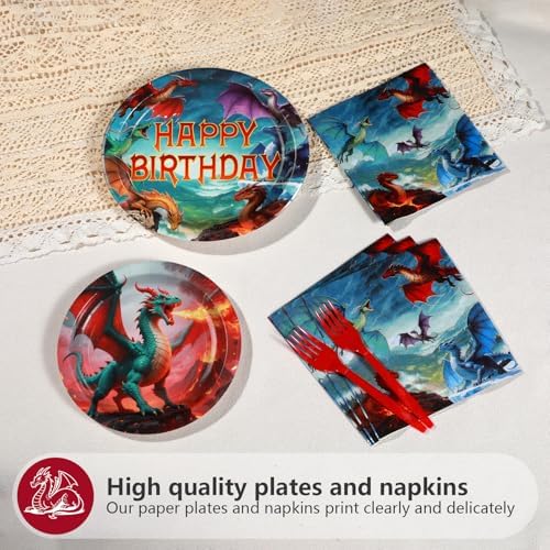 Grencian 96Pcs Dragon Birthday Party Plates and Napkins Set for Kids Boys Fantasy Celebration