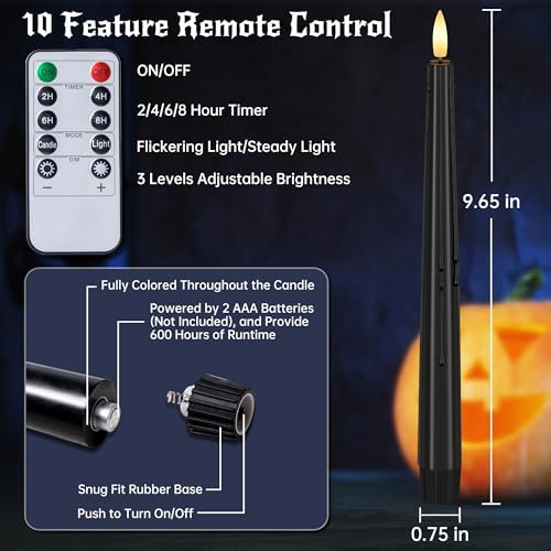 Black Flameless Taper Candles with Remote and Timer 6 Pack