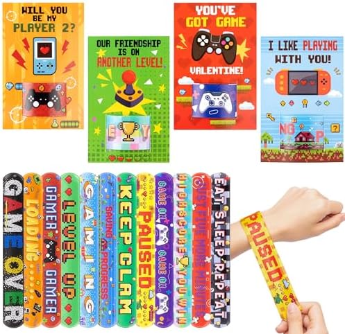 Haooryx Valentines Day Exchange Gifts - 28 Piece Game Slap Wristbands with Cards
