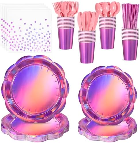 200 Pcs Iridescent Pink Party Plates and Napkins Set