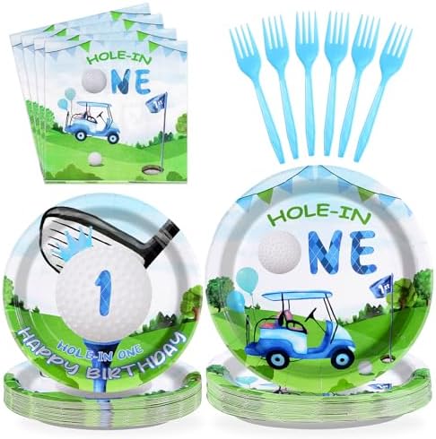 Grencian 96 Pcs Golf Themed First Birthday Plates Napkins Forks Set