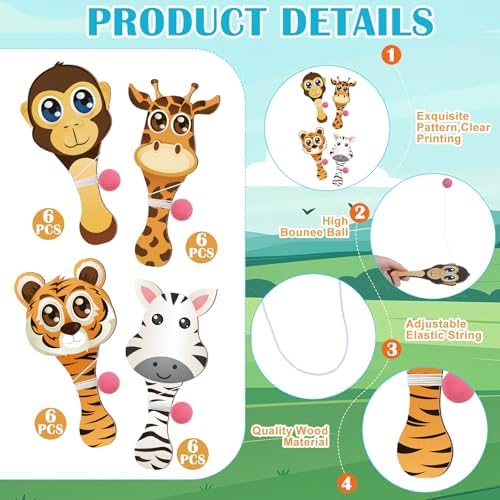 24 Pcs Zoo Animal Paddle Balls with String Set