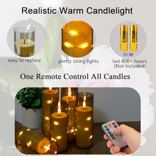Flickering Flameless LED Candles with Timer and Remote Embedded Star String Lights Grey Acrylic 5 Pack
