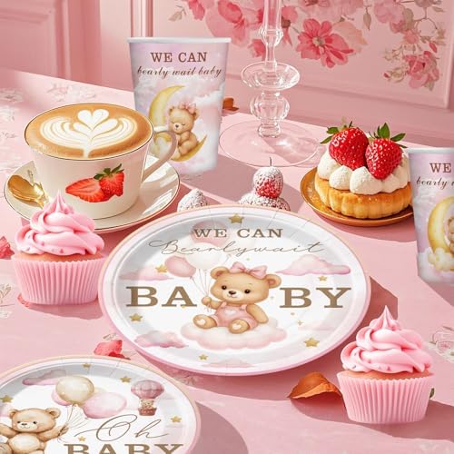 152 PCS Pink Bear Baby Shower Decorations Tableware Set for 20 Guests