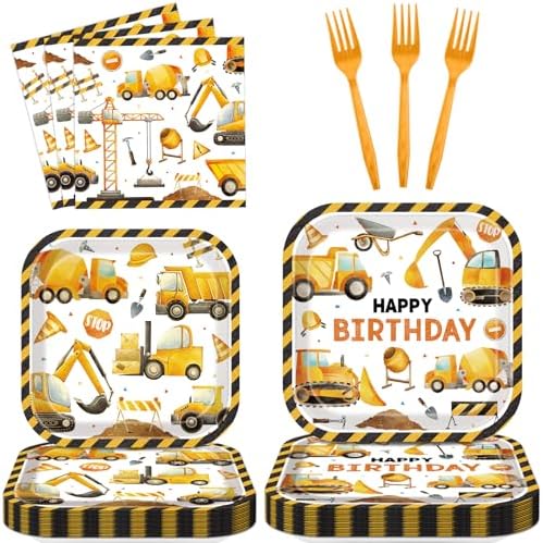 Construction Themed Square Truck Plates Napkins Forks Set for 24 Guests