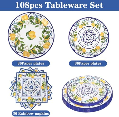 108Pcs Capri Lemon Party Plates Set for 36 Guests