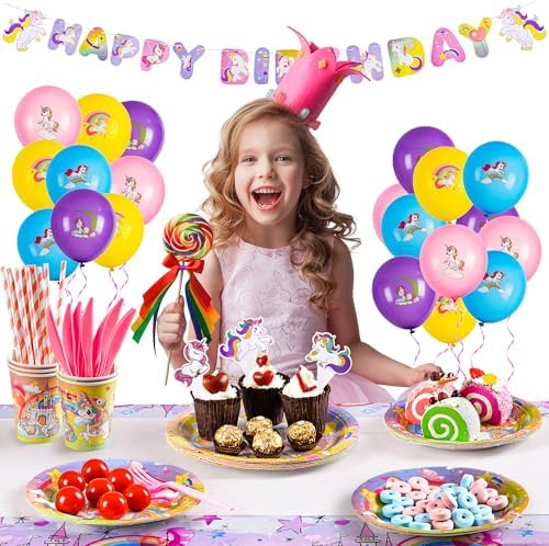 136 Pcs Unicorn Birthday Decorations Party Supplies Kit for Girls