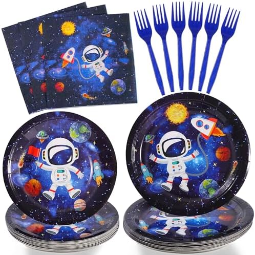 SCIONE 96 Pcs Outer Space Party Decorations Galaxy Plates Napkins Forks Set for 24 Guests