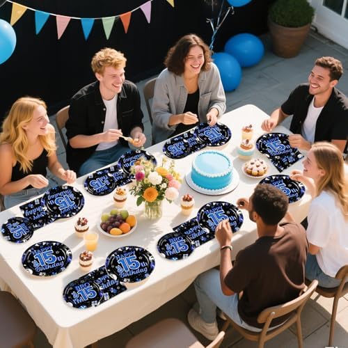 Grencian 96Pcs 15th Birthday Plates for Boys Blue Black Party Set