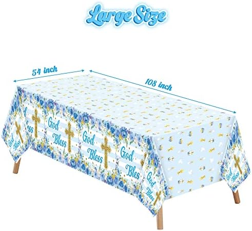 3 Packs Blue Baby Boy Baptism Tablecloths with Cross and Flowers