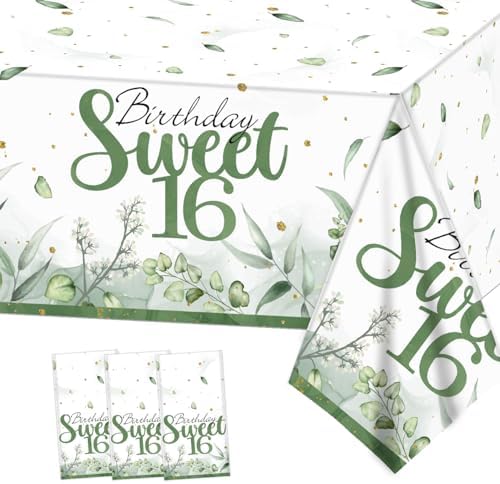 PATIAI Sweet 16 Tablecloths 3 Pack Sage Green Rectangle 16th Birthday Decor